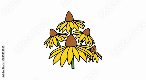 A cluster of five cartoon-style yellow flowers with brown centers on green stems
