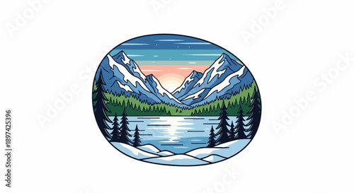 Snowy mountains meet a serene lake at sunrise, framed by pine trees and snow-covered hills