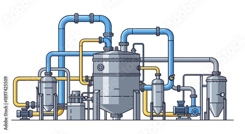 Industrial plant with pipes and tanks illustration for processing and manufacturing