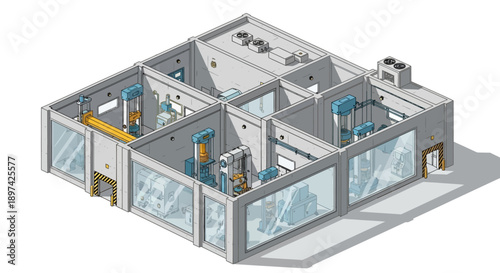 Isometric view of a modern laboratory with advanced scientific equipment and clean room facilities