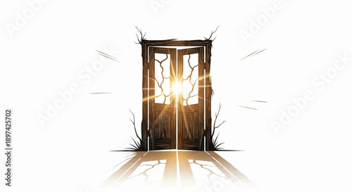 A weathered, rustic wooden door stands open, revealing a blinding, radiant light with branches entwined