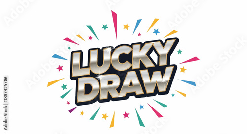 Bold metallic text with colorful starbursts and glittery accents