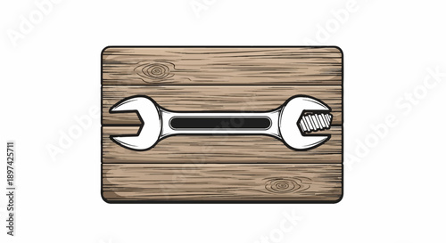 A spanner is shown centrally on a textured wooden background