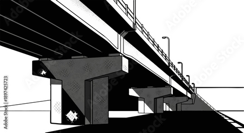 A stark, low-angle view of a modern overpass, with concrete supports casting deep shadows on a bright day