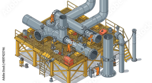 Isometric illustration of an industrial complex with pipes and workers