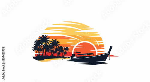 Silhouette of tropical palms and boat on ocean at sunset