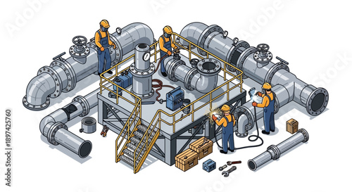 Industrial construction workers assembling a complex pipe system on a platform, illustrating engineering and teamwork