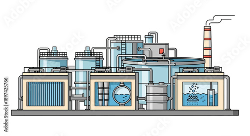 Industrial Water Treatment Plant with Various Tanks and Pipes, Illustrating Purification Processes