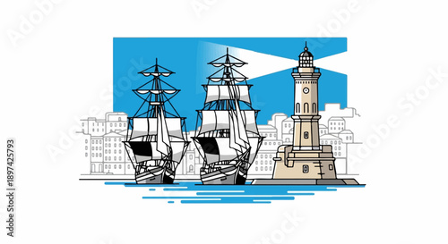 Two vintage sailing ships approach a coastal town with a prominent lighthouse