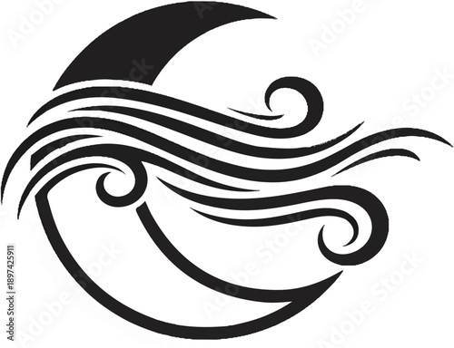 Black tribal crescent moon with flowing waves and swirls