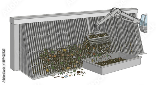 Illustration of a mechanical claw sorting refuse behind a metal grate, with a bin full of waste being loaded