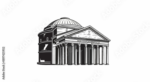 A classical Roman temple with a grand dome and columns stands against a white background, in monochrome