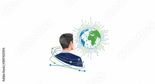 A person looks at a stylized globe connected by lines and dots representing data flow