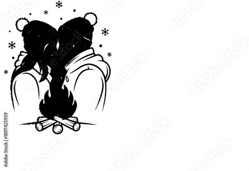 Two figures in winter hats and hoodies share a warm moment by a campfire with snowflakes falling