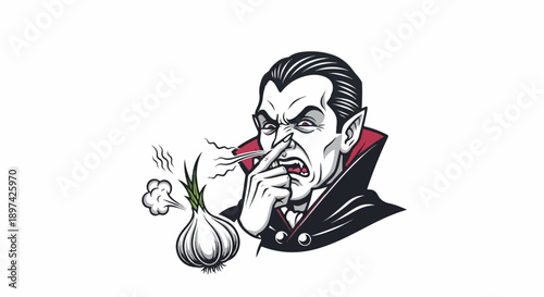 A cartoon vampire recoils from a pungent garlic bulb, pinching his nose
