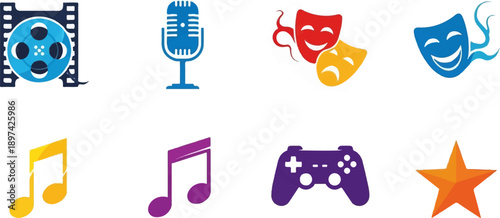 A collection of colorful entertainment icons film reel, microphone, theatre masks, musical notes, game controller, and star