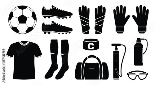Flat vector illustration of football gear and equipment, black and white design, sports accessories vector art.