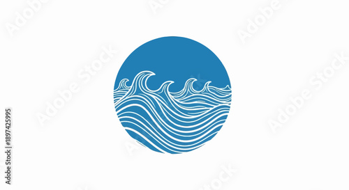 Stylized white waves cresting within a blue circle against a white background