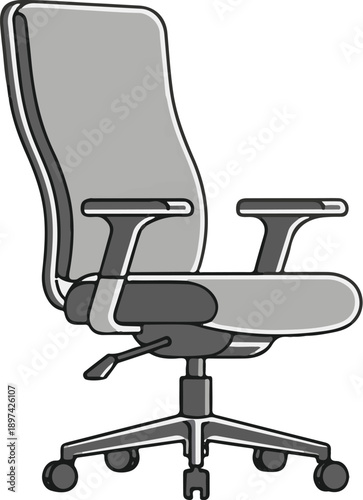 A stylized, gray office chair with five legs and wheels, featuring a high back and armrests