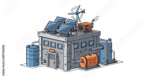Sustainable energy power plant utilizing solar panels, wind turbine, and advanced energy storage for eco-friendly electricity generation and distribution