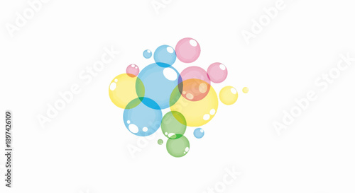 A cluster of colorful, translucent bubbles in various sizes floating on a white background