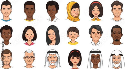 Diverse cartoon faces of people from various backgrounds and ages
