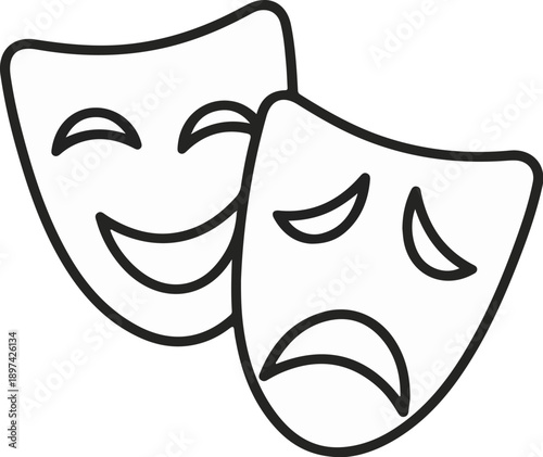 Iconic theater masks, one smiling, one frowning, symbolizing drama and performance