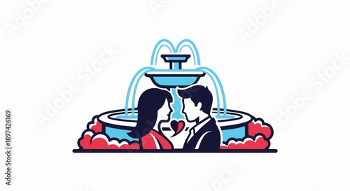 A stylized illustration of a couple in silhouette embracing in front of a water fountain with red accents