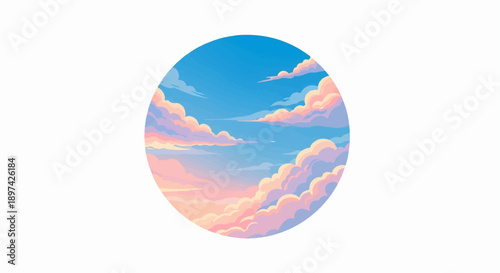 A pixelated pastel sky with voluminous clouds during sunset, contained within a circle