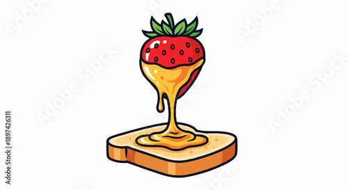 A vibrant cartoon-style strawberry, partially dipped in thick, golden honey, drips onto a slice of toast