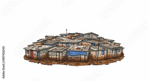 A densely packed cluster of weathered, makeshift dwellings with corrugated metal roofs