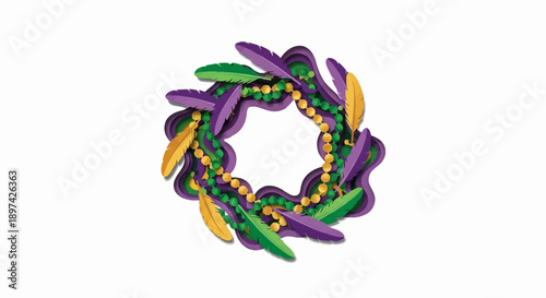 Festive circular design with feathers and layered beads in purple, green, and gold on white