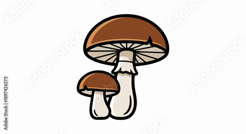 Two cartoon-style brown mushrooms with white stems and gills, one larger than the other