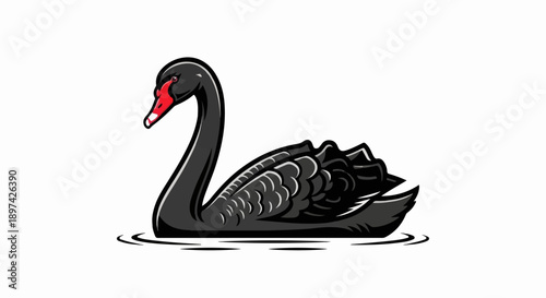 A stylized black swan with a red beak swims on rippling water