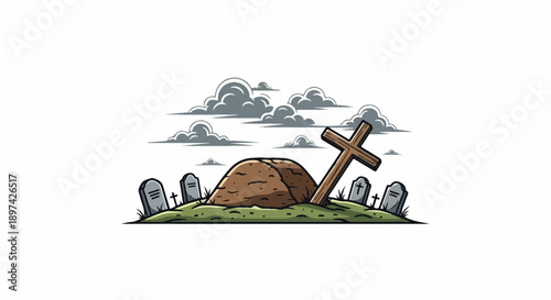 A recently dug grave with a wooden cross and headstones under cloudy skies