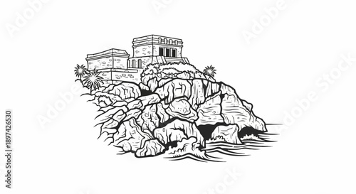 Ancient stone structures perch atop rugged cliffs overlooking the ocean