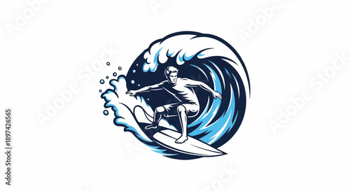 Stylized illustration of a surfer riding a breaking wave with splashes of water