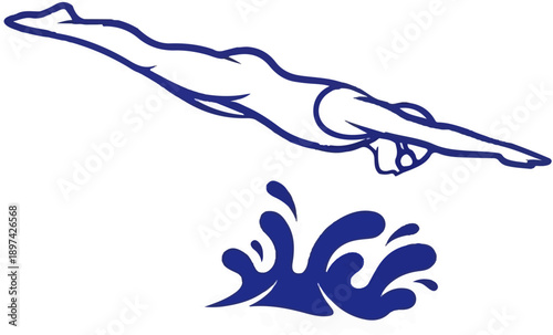 A stylized blue line drawing of a swimmer diving into water