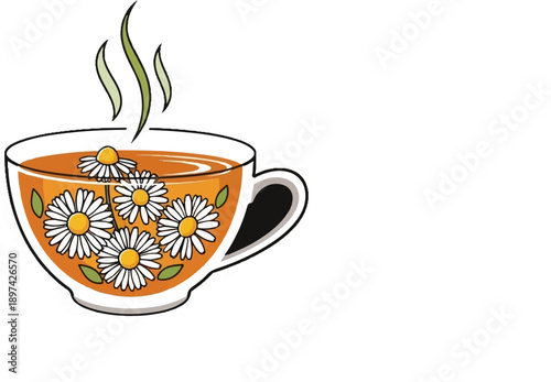 Steaming cup of herbal tea infused with white daisies and green leaves