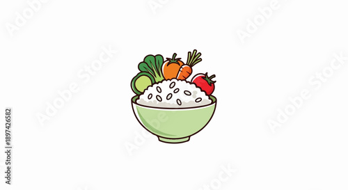 A bowl of white rice topped with colorful, fresh vegetables