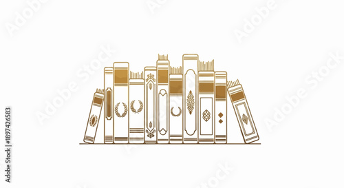 A row of ornate books with gilded outlines and decorative elements