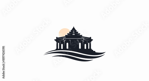 A silhouetted temple structure with tiered roofs stands against a pale orange sun