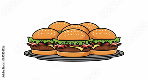 A platter of five juicy, cartoon-style burgers piled high with lettuce, cheese, and bacon