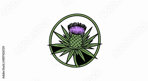 A stylized thistle flower with purple petals and green spiky leaves is enclosed within a green circular frame