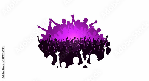 A vibrant crowd of silhouetted figures with raised arms and gestures, illuminated by a purple glow