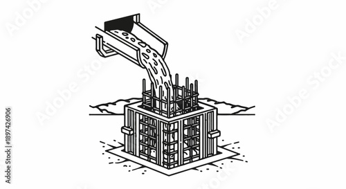 Illustration of concrete being poured into a foundation formwork with reinforcing steel bars