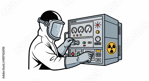 Scientist in protective gear operates complex machinery with radiation symbol
