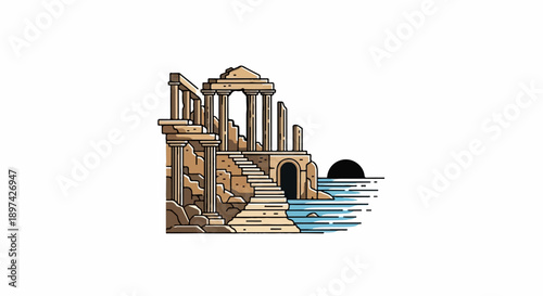 Ancient stone ruins with columns and stairs leading to the sea at sunset