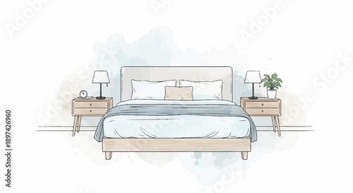 Cozy bedroom sketch with plush bedding, bedside tables, lamps, and a potted plant
