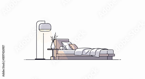 Cozy bedroom scene with a lit floor lamp, bedside table, and neatly made bed